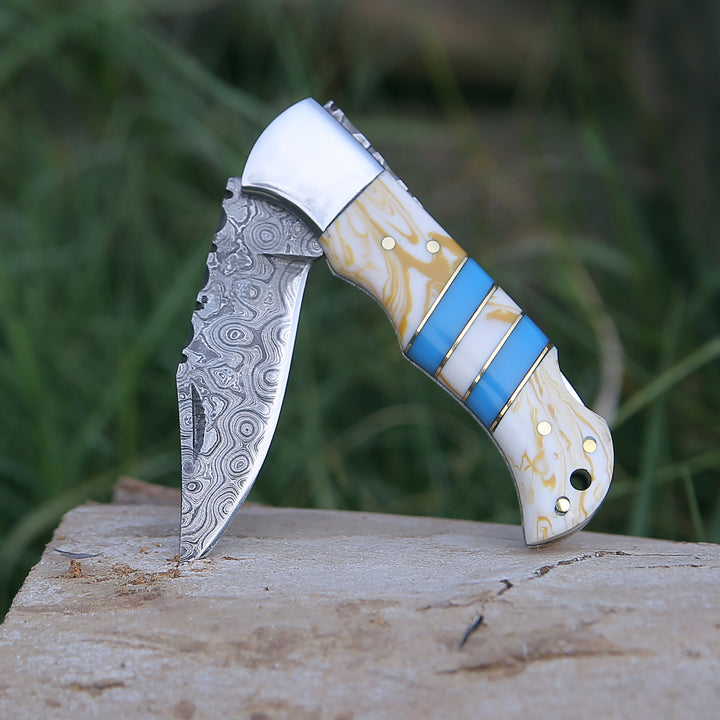 Damascus Knife - Orion Damascus Pocket Knife with Resin Handle - Shokunin USA