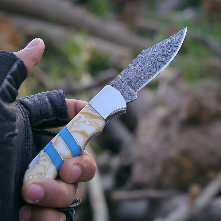 Damascus Knife - Orion Damascus Pocket Knife with Resin Handle - Shokunin USA