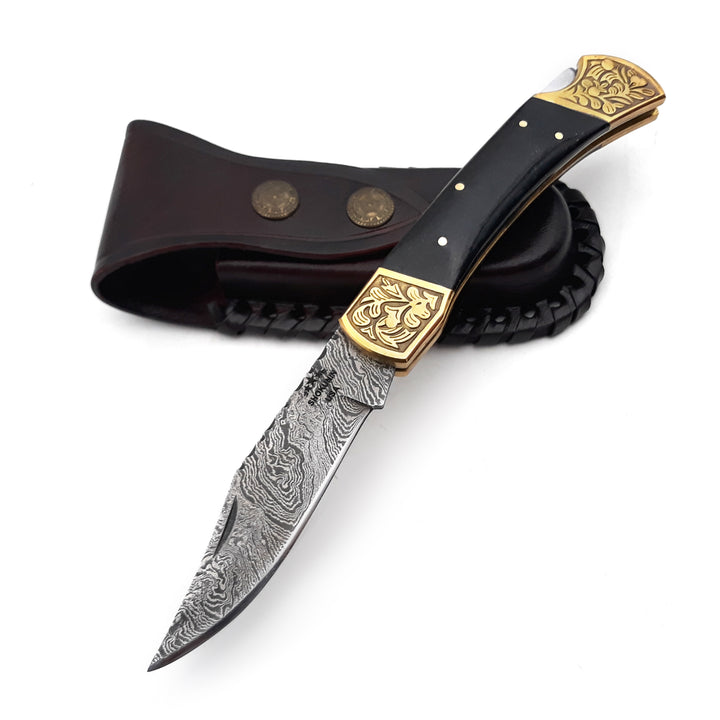 Ironstorm Handmade Damascus Pocket Knife Engraved with Leather Sheath & Horn Handle