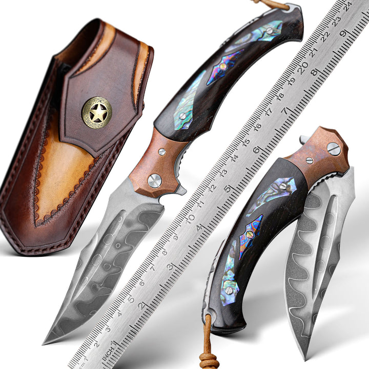 Gentleman's folder with case - Quest Damascus Pocket Knife with Ebony Wood & Abalone Shell Handle - Shokunin USA