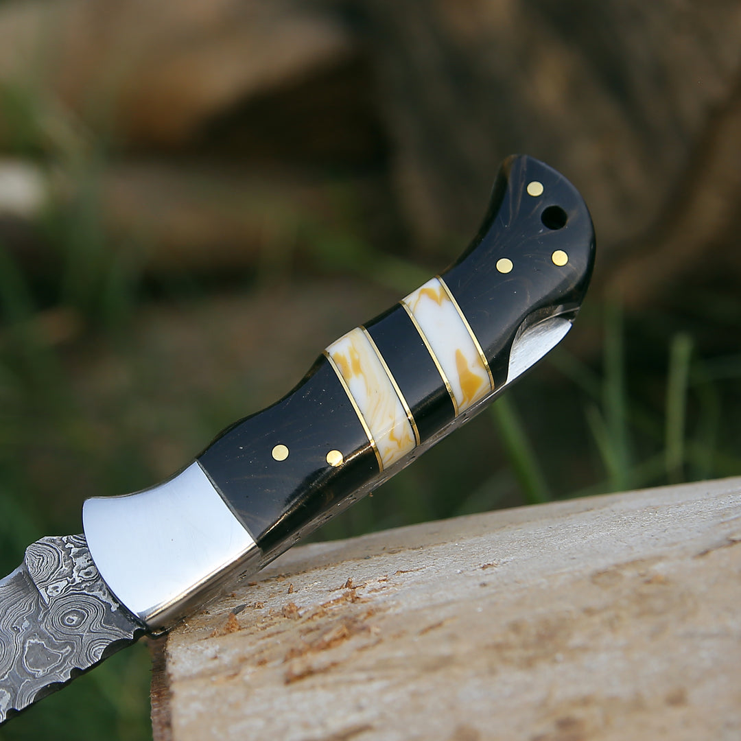 Damascus Knife - Blaze Handmade Damascus folding knife with Sheath - Shokunin USA