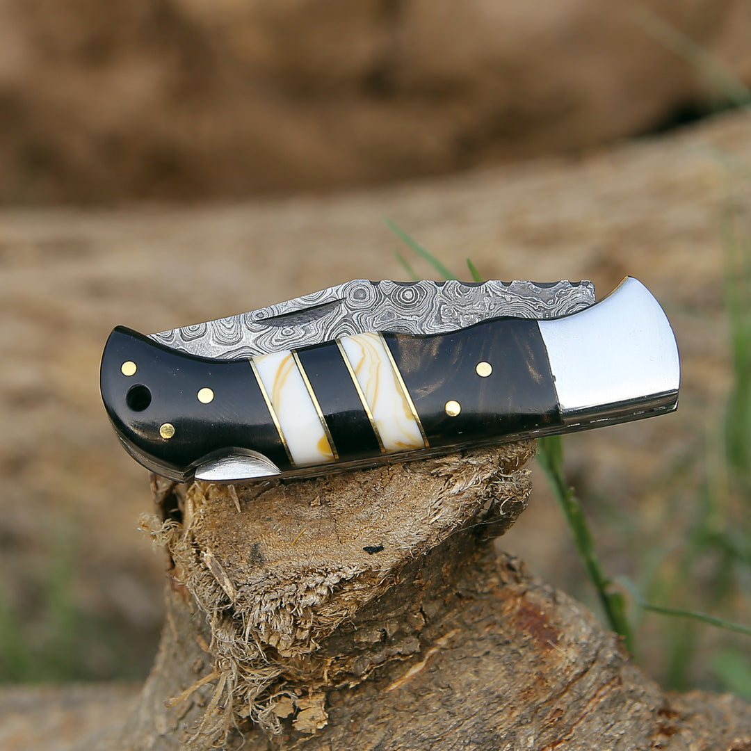 Damascus Knife - Blaze Handmade Damascus folding knife with Sheath - Shokunin USA
