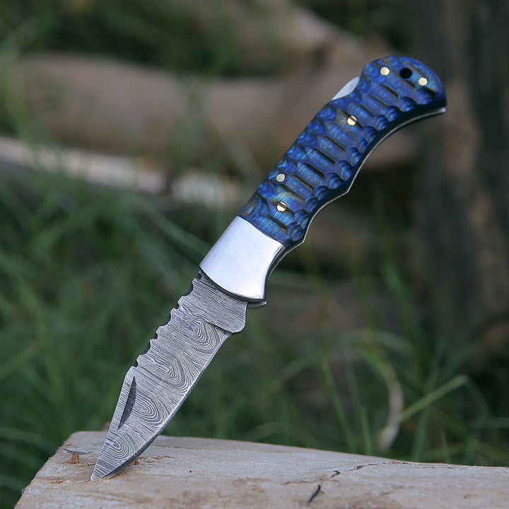 Damascus Knife - Viper Pocket Knife with Forged Pakka Wood Handle - Shokunin USA