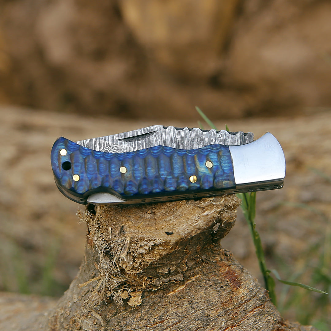 Damascus Knife - Viper Pocket Knife with Forged Pakka Wood Handle - Shokunin USA