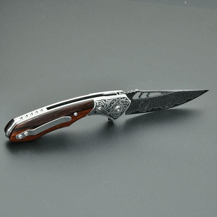 Pocket knife - Artemis Japanese VG10 Damascus Pocket Knife with Clip & Exotic Red Sandal Wood Handle - Shokunin USA