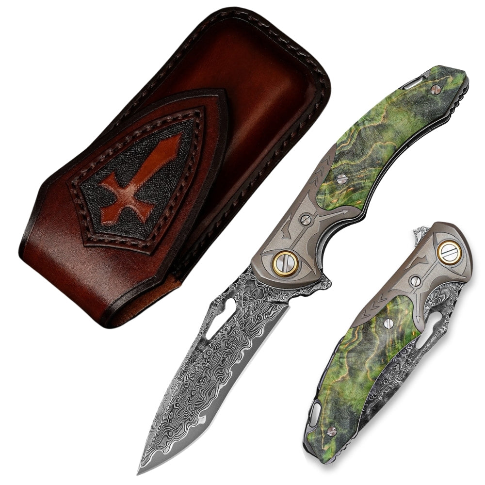 Hades Japanese VG10 Damascus Pocket Knife with Clip Stabilized Maple Burl Handle