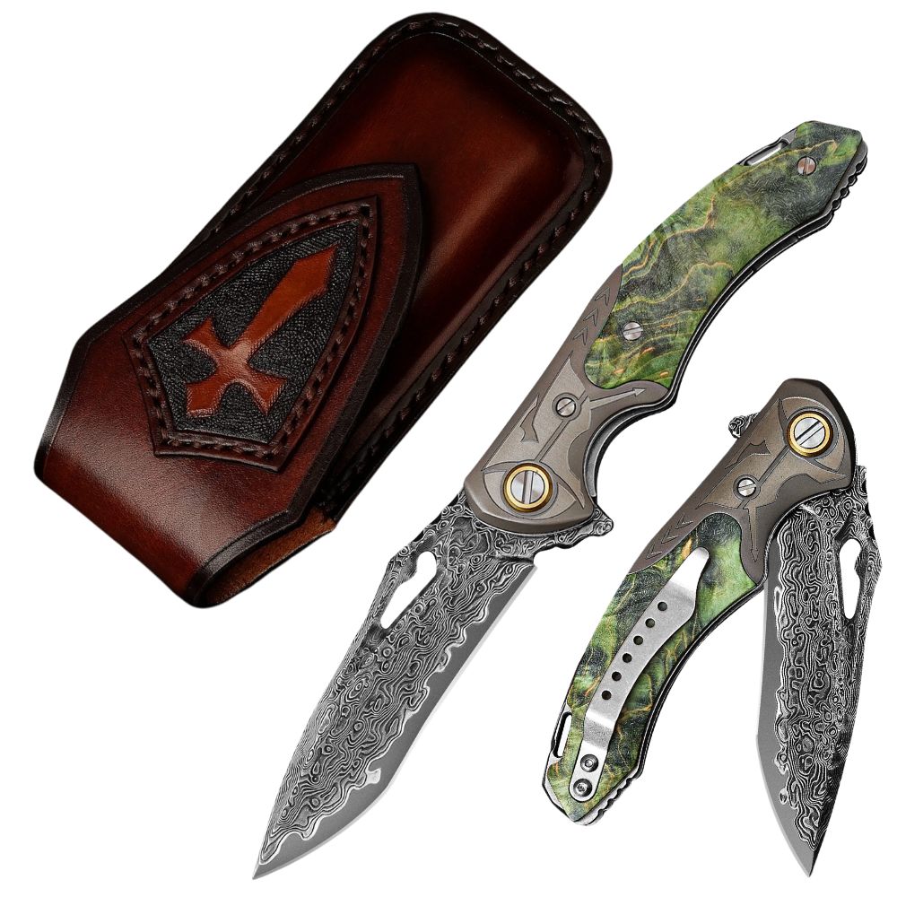 Hades Japanese VG10 Damascus Pocket Knife with Clip Stabilized Maple Burl Handle