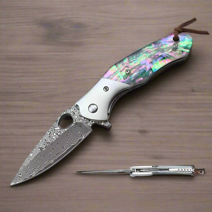 Damascus Knife - Spire Japanese VG10 Gentleman's Pocket Knife with Abalone Shell Handle - Shokunin USA