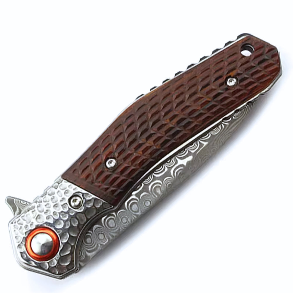 Damascus Knife - Wayfarer Japanese VG10 Damascus EDC Pocket Knife with Clip and Sandalwood Handle - Shokunin USA