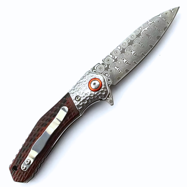 Damascus Knife - Wayfarer Japanese VG10 Damascus EDC Pocket Knife with Clip and Sandalwood Handle - Shokunin USA