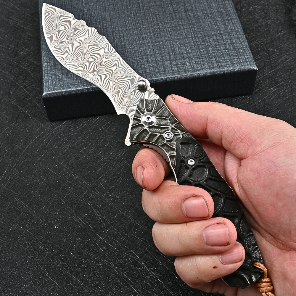 Damascus Knife - Scorpion VG10 Japanese Damascus Folding Knife with Ebony Wood Handle - Shokunin USA