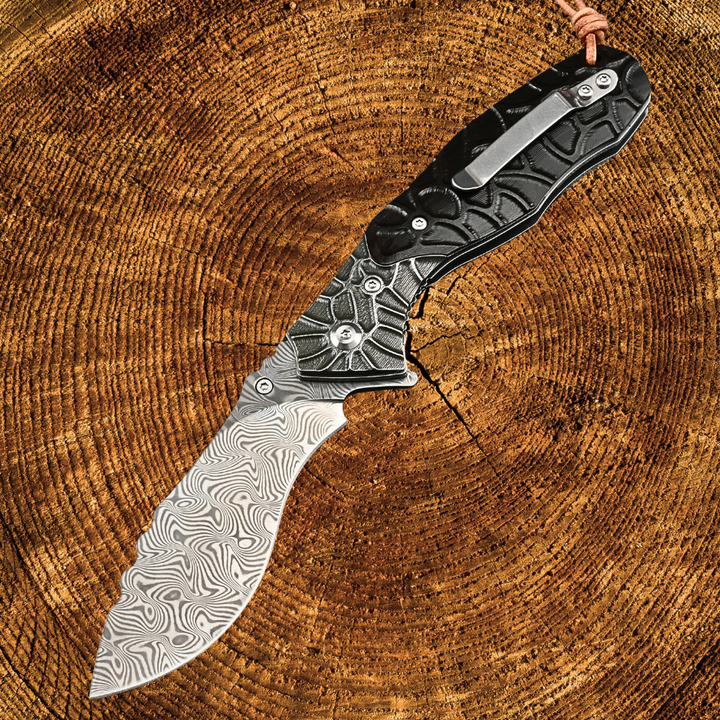 Damascus Knife - Scorpion VG10 Japanese Damascus Folding Knife with Ebony Wood Handle - Shokunin USA