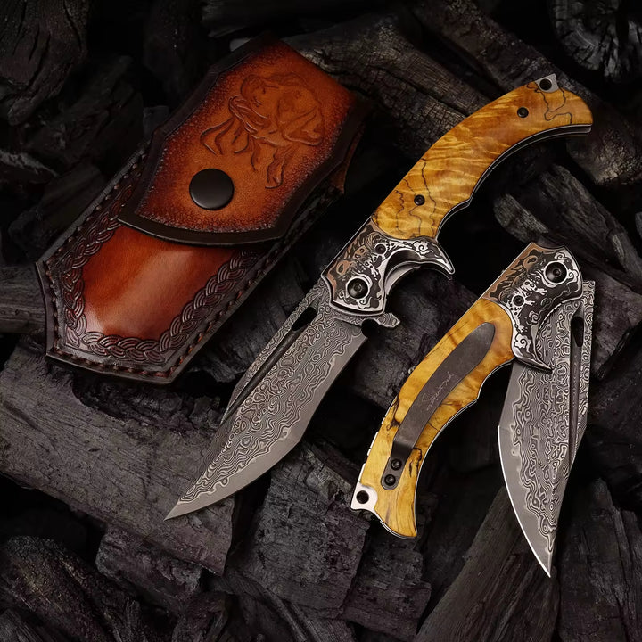 Pocket Knife - Inferno Japanese VG10 Damascus Pocket Knife with Exotic Burch Burl Wood Handle - Shokunin USA