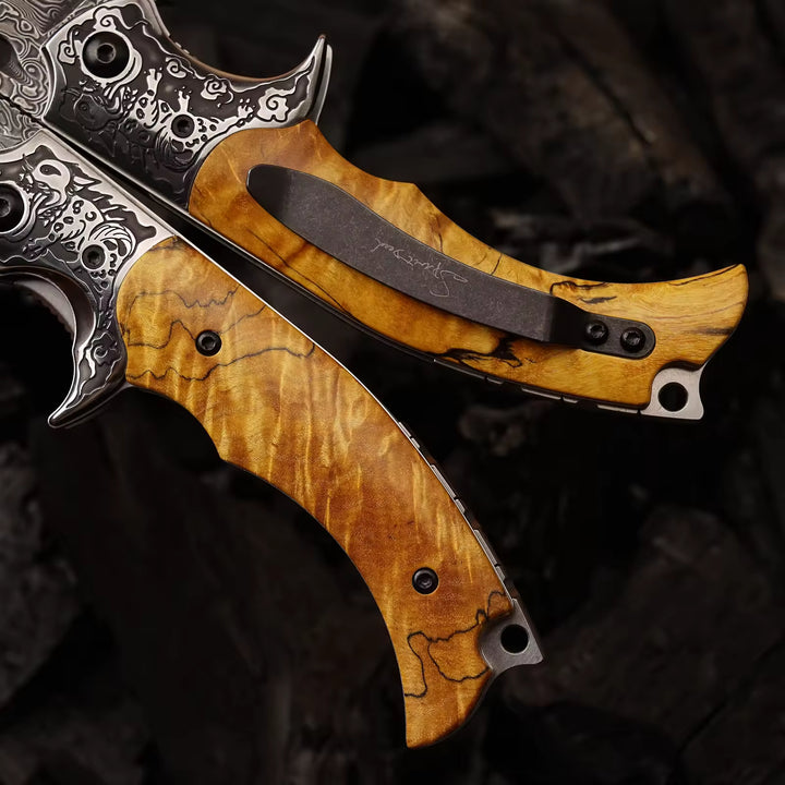 Pocket Knife - Inferno Japanese VG10 Damascus Pocket Knife with Exotic Burch Burl Wood Handle - Shokunin USA