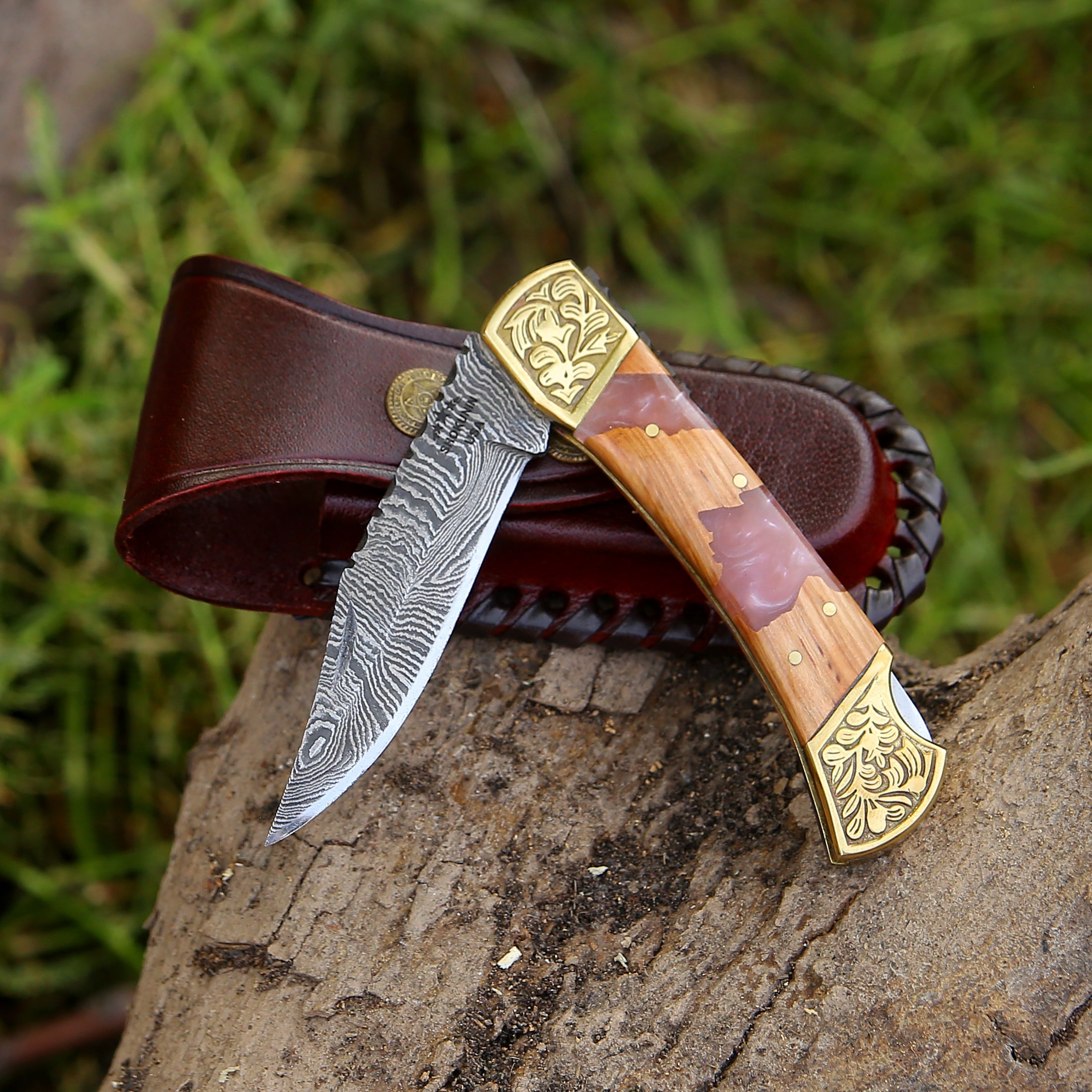 Pocket Folding Knife / Unique Handle / Free high quality sold Leather Scabbard / Best Gift Item /Mother's Day