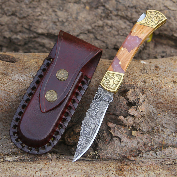 Boltedge Handmade Damascus Pocket Knife with Leather Sheath & Exotic Olive Wood