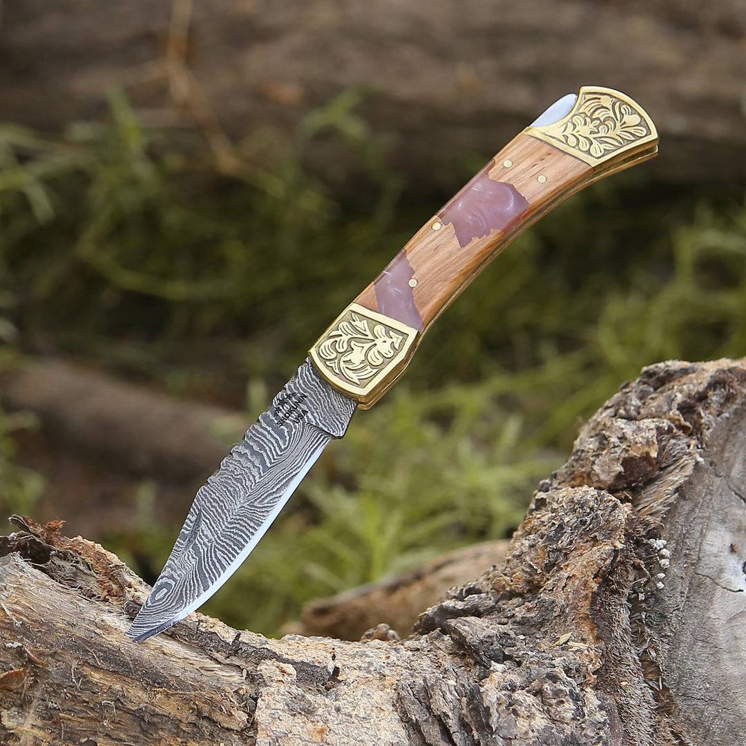 Boltedge Handmade Damascus Pocket Knife with Leather Sheath & Exotic Olive Wood