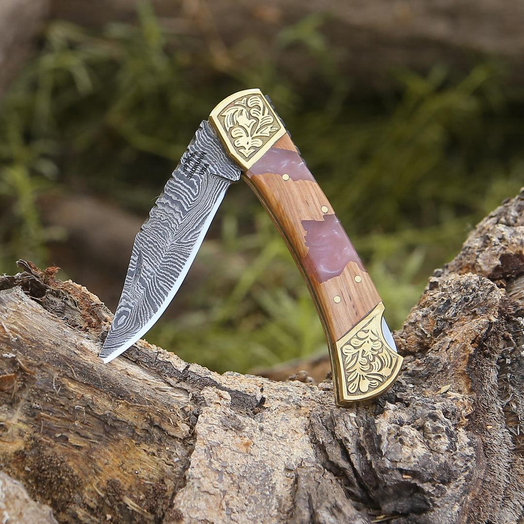 Boltedge Handmade Damascus Pocket Knife with Leather Sheath & Exotic Olive Wood