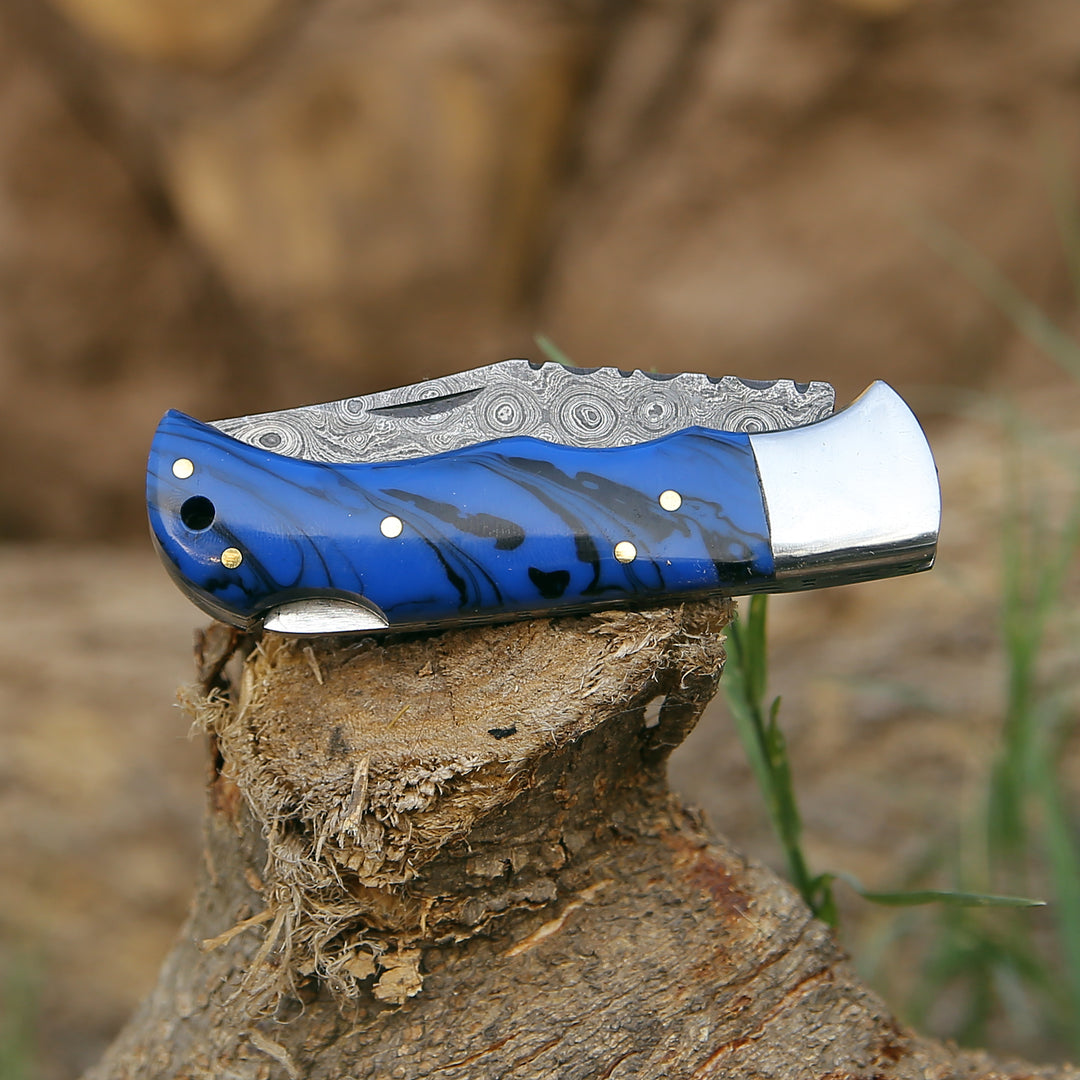 Damascus Knife - Crest Damascus Pocket knife with Sheath & Blue Resin Handle - Shokunin USA