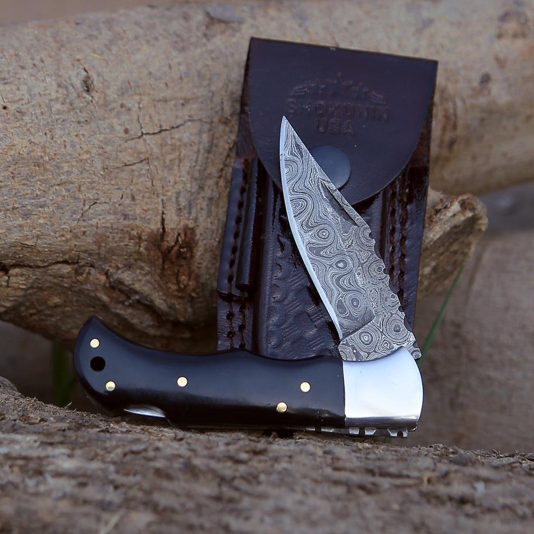 Damascus Knife - Specter Handmade Real Damascus Pocket Knife with Sheath & Resin Handle - Shokunin USA