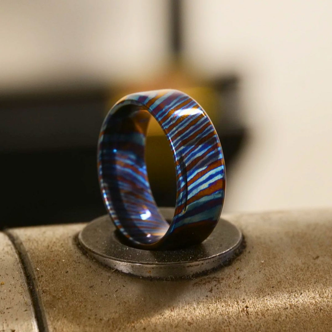 Timascus ring - Titan Handcrafted Timascus / Titanium Damascus Ring – Unique Metal Pattern & Bold Design - Shokunin USA