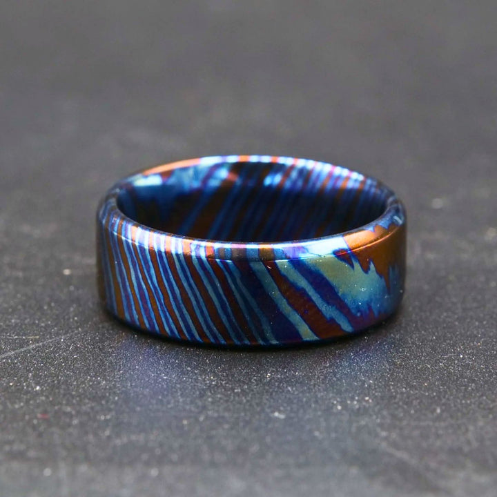 Timascus ring - Titan Handcrafted Timascus / Titanium Damascus Ring – Unique Metal Pattern & Bold Design - Shokunin USA