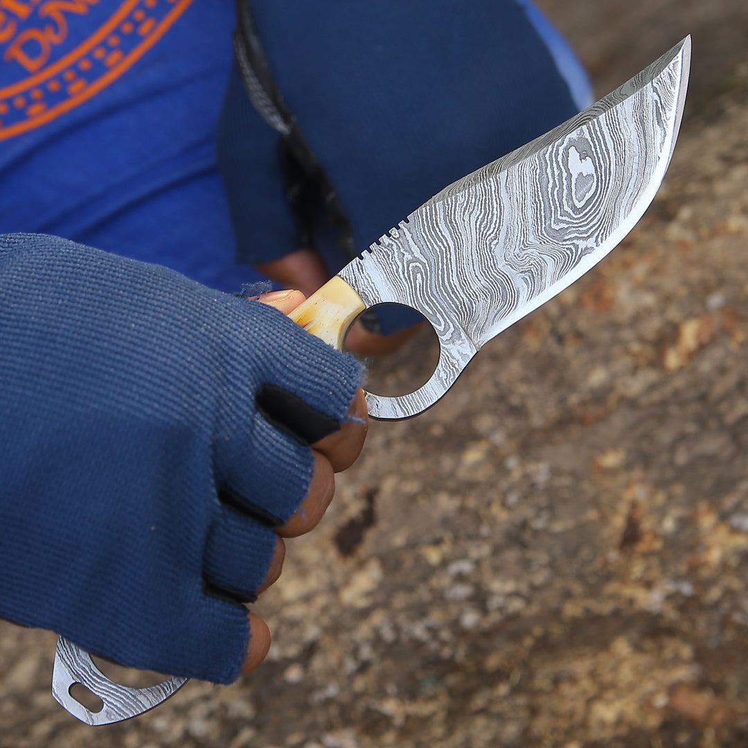 Spark Damascus EDC Knife with Charred Bone Handle