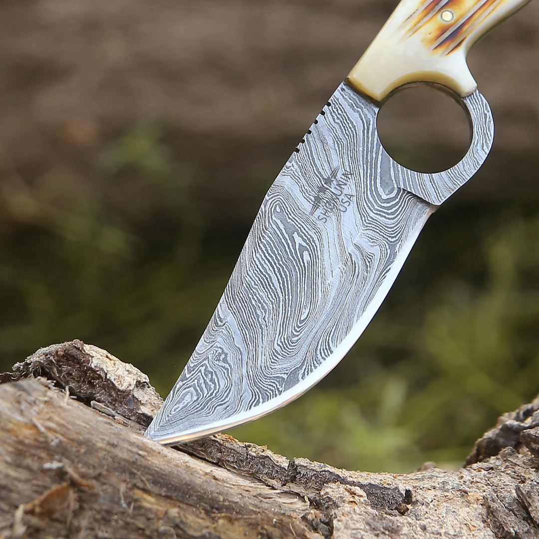 Spark Damascus EDC Knife with Charred Bone Handle