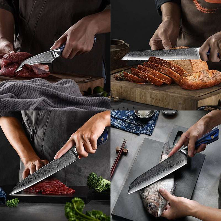 Chef Knife Set - Azure VG10 Damascus Chef Knife Set with G10 Handle and Sheath - Shokunin USA