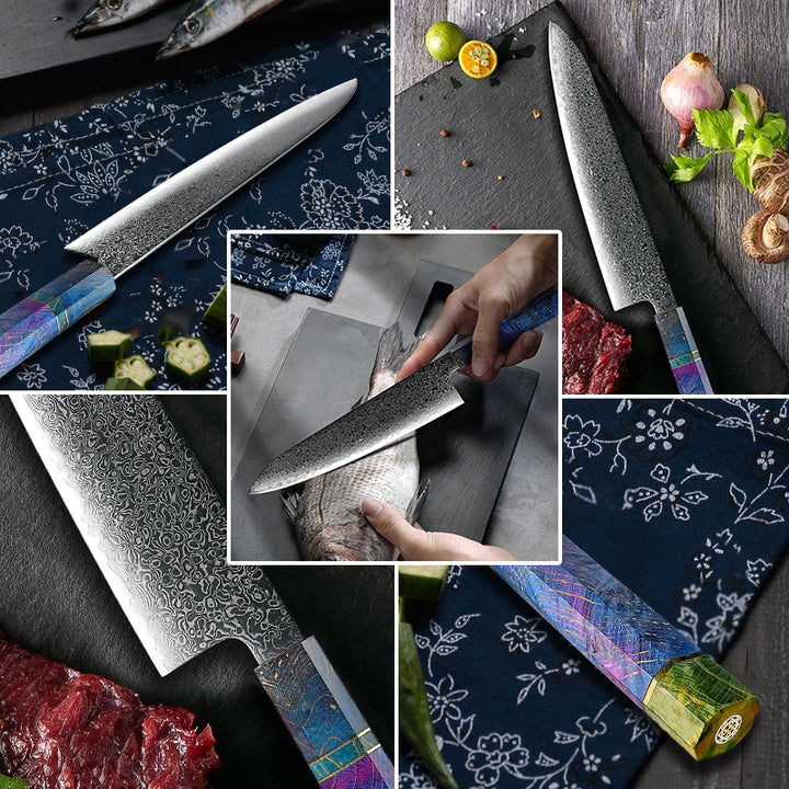 chef knife set - Spectrum Knife Set 6 Piece VG10 Damascus Steel with Exotic tie-dye-Stained Olive Burl Wood Handle - Shokunin USA