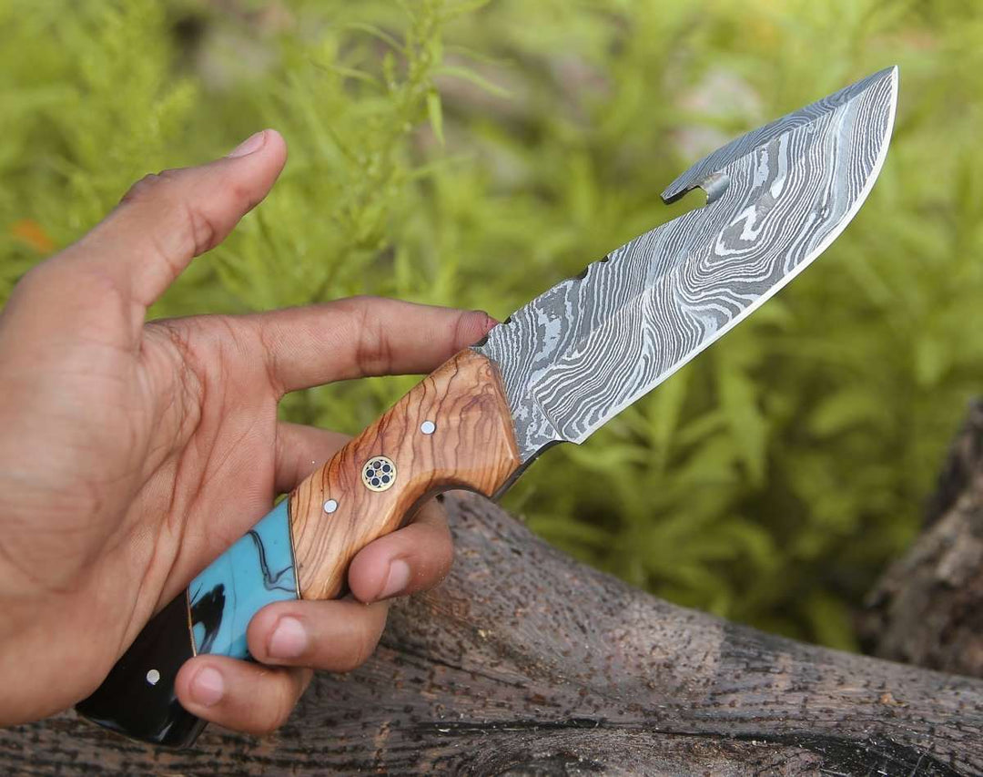 Gut Knife - Echelon Damascus Gut Hook Knife with Exotic Olive wood & Turquoise Handle - Shokunin USA