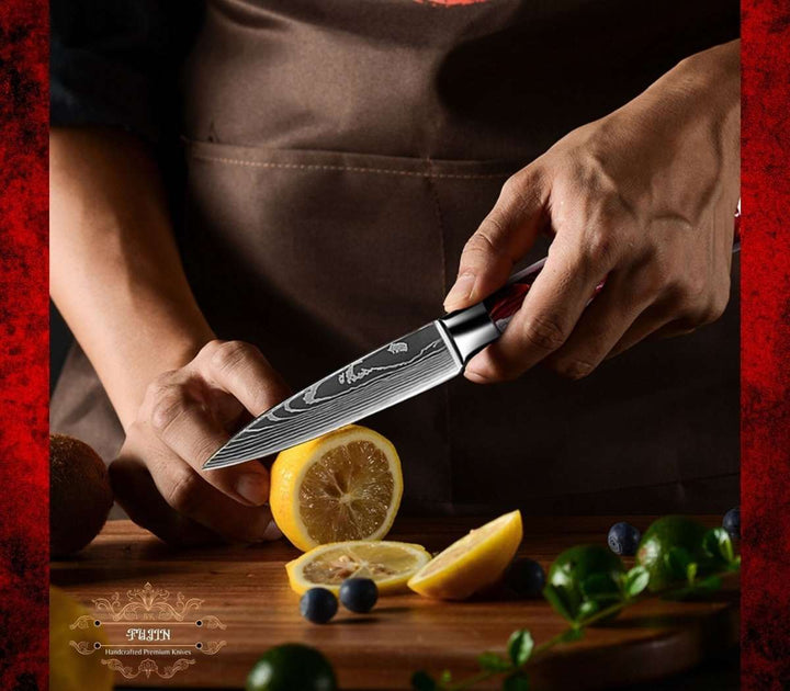 Chef Knife Set - Fujin 10 Pcs Handmade Chef's Knife Damascus Pattern HC Steel Chef's Set with Sheath - Shokunin USA