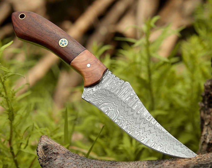 Damascus Knife - Halcyon Field Dressing Knife with Rosewood & Olivewood Handle - Shokunin USA