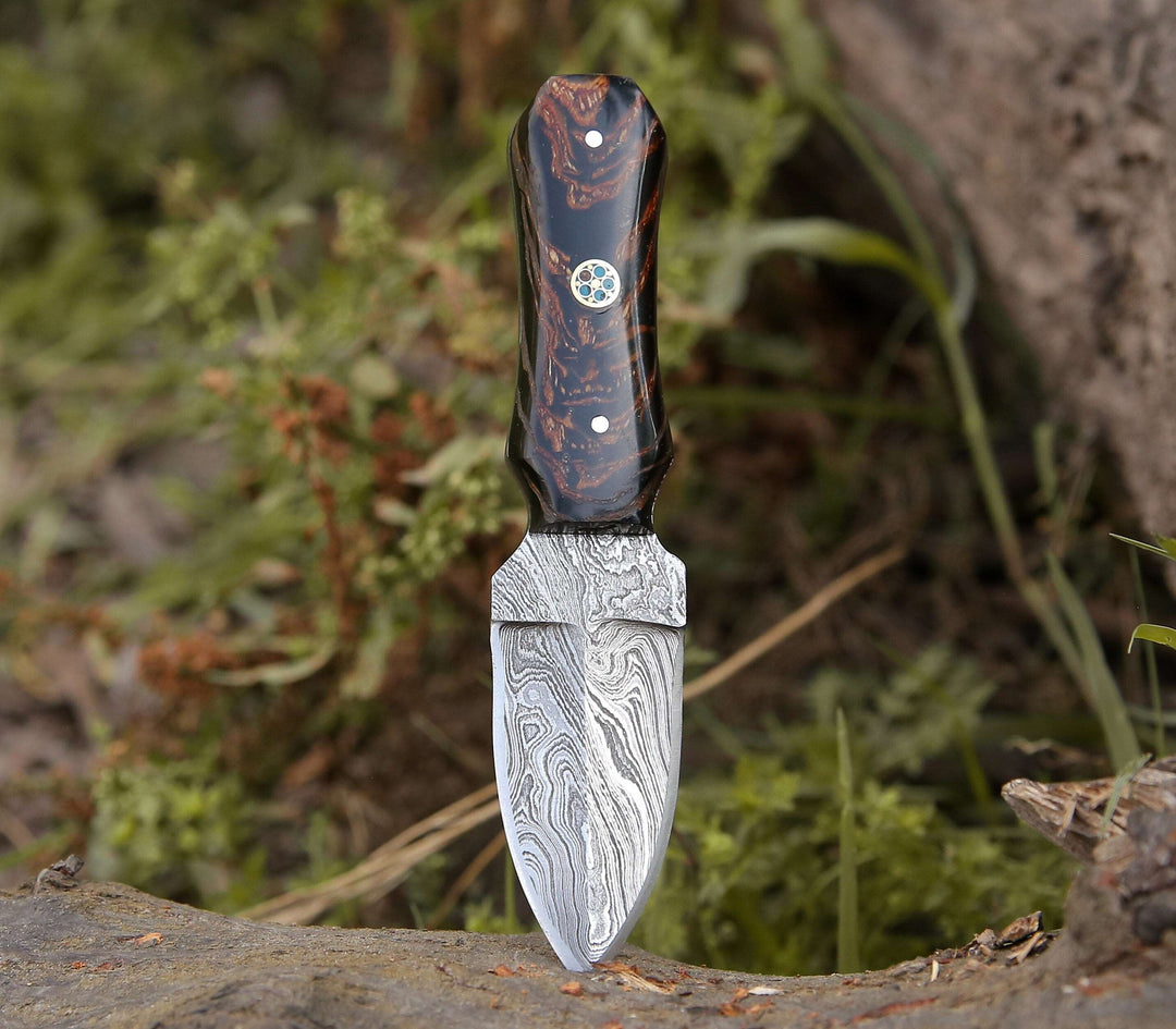Toys & Games - Ambush Damascus Fixed Blade Pocket Knife 6" with Pine Cone Handle & Leather Sheath - Shokunin USA