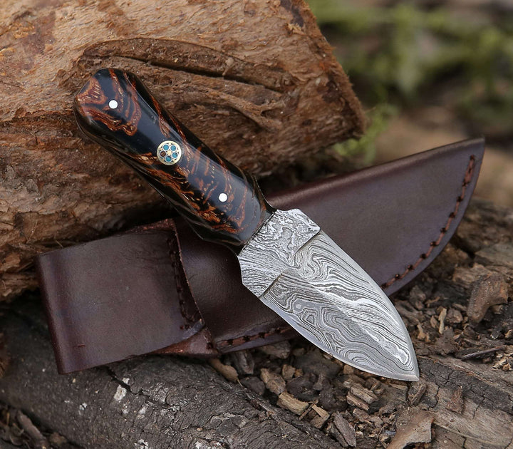 Toys & Games - Ambush Damascus Fixed Blade Pocket Knife 6" with Pine Cone Handle & Leather Sheath - Shokunin USA