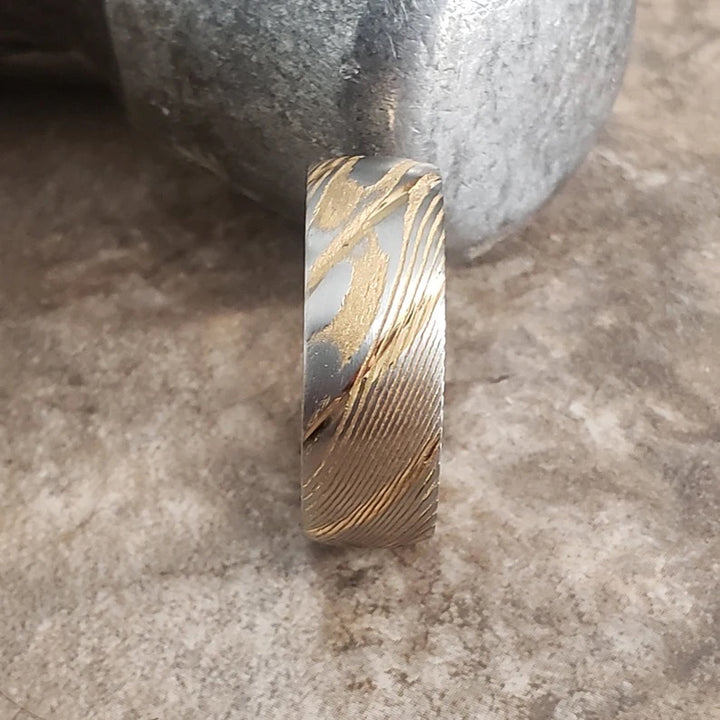 Gold Damascus Steel Wedding Ring Band