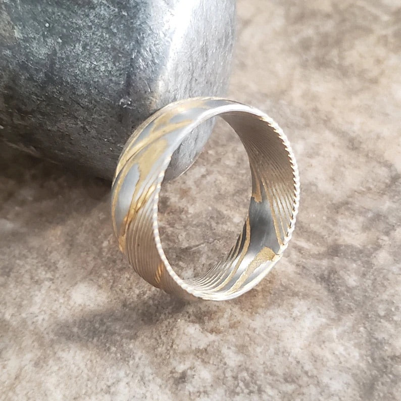 Gold Damascus Steel Wedding Ring Band