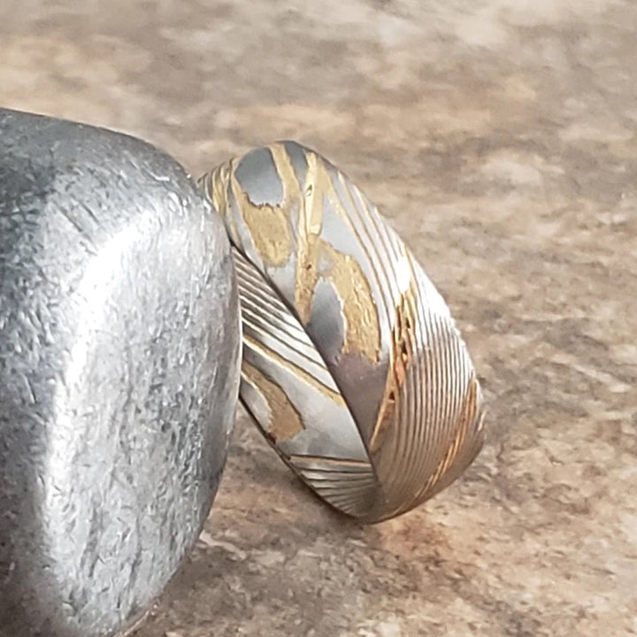 Damascus ring - Gold Damascus Steel Wedding Ring Band - Shokunin USA