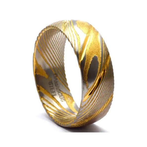 Gold Damascus Steel Wedding Ring Band