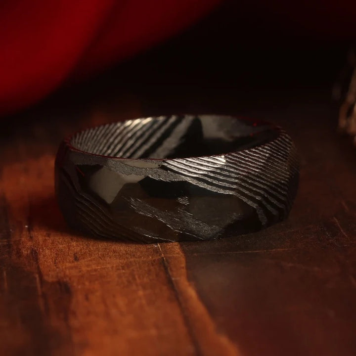 Meteorite Black Damascus Steel Wedding Ring Band