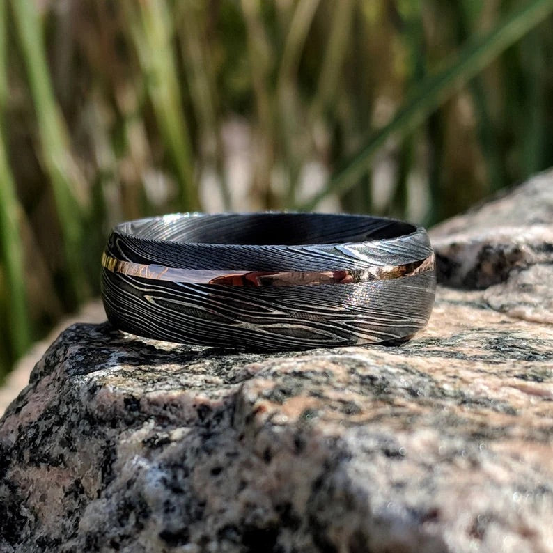 Damascus ring - Eternal Steel Black Damascus Steel Wedding Ring Band - Shokunin USA