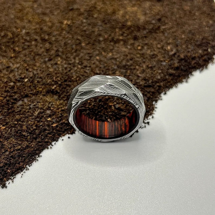 Fusion Damascus Steel Wedding Ring Band with Wood Inlay