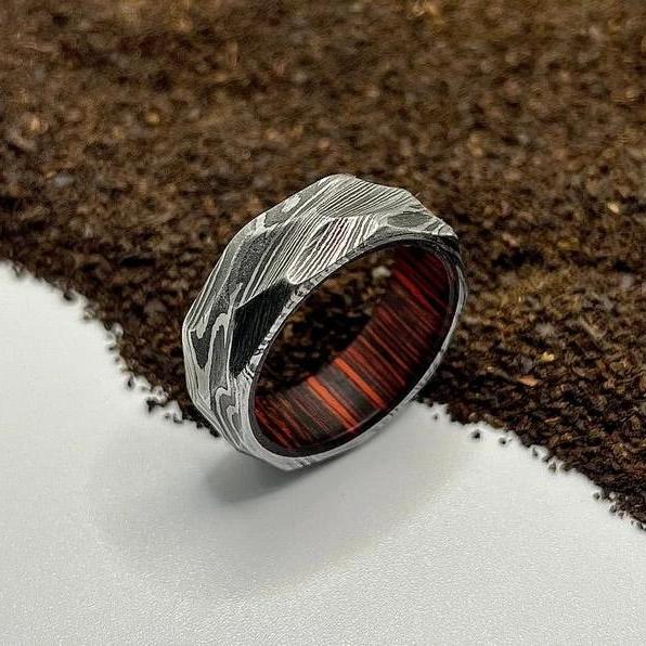 Fusion Damascus Steel Wedding Ring Band with Wood Inlay