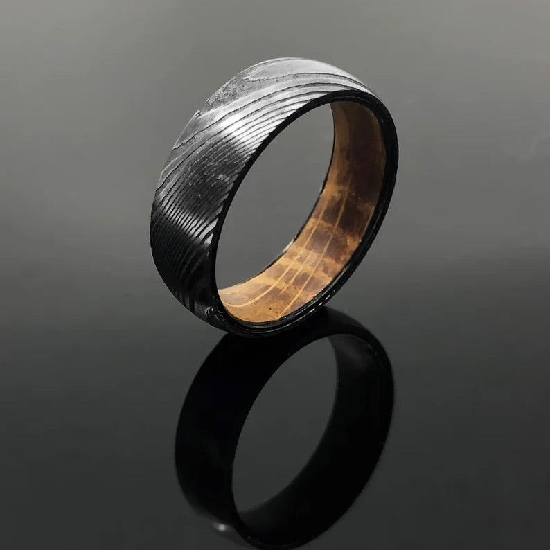 Steelheart Damascus Steel Wedding Ring Band with Whiskey Barrel Inlay