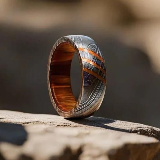 Titan Damascus Steel Wedding Ring Band with Wood Inlay