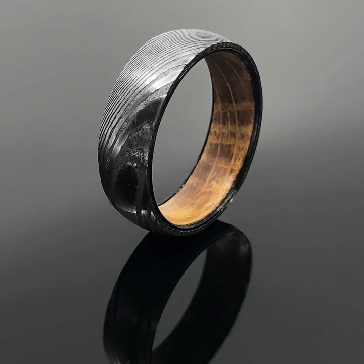 Steelheart Damascus Steel Wedding Ring Band with Whiskey Barrel Inlay