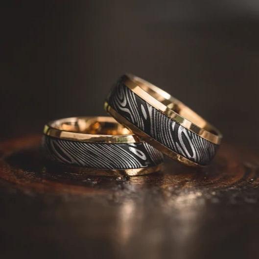 Damascus ring - Crown Damascus Steel Wedding Ring Band with Brass Inlay - Shokunin USA