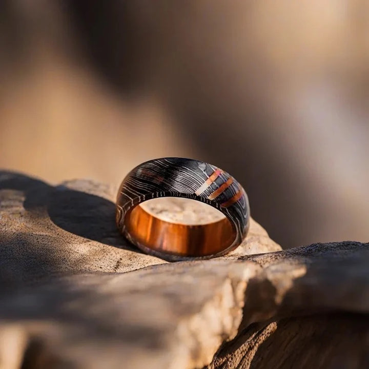 Titan Damascus Steel Wedding Ring Band with Wood Inlay