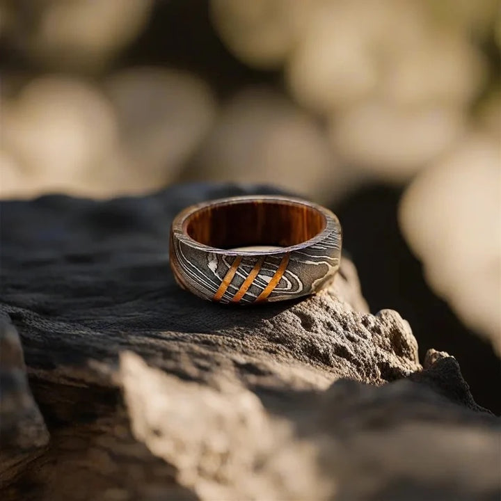 Titan Damascus Steel Wedding Ring Band with Wood Inlay