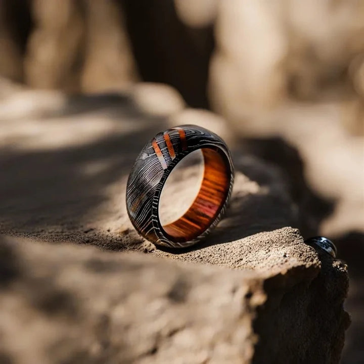 Titan Damascus Steel Wedding Ring Band with Wood Inlay